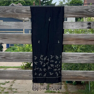India Woven Black Embroidered Leafy Branch 80” Rayon Scarf with Tassels